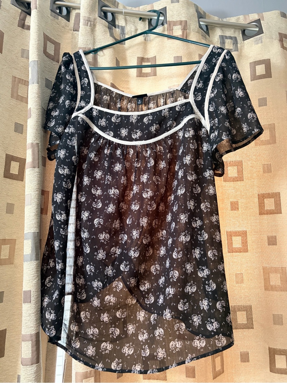 torrid Black Sheer Floral Peasant Blouse with White Trim